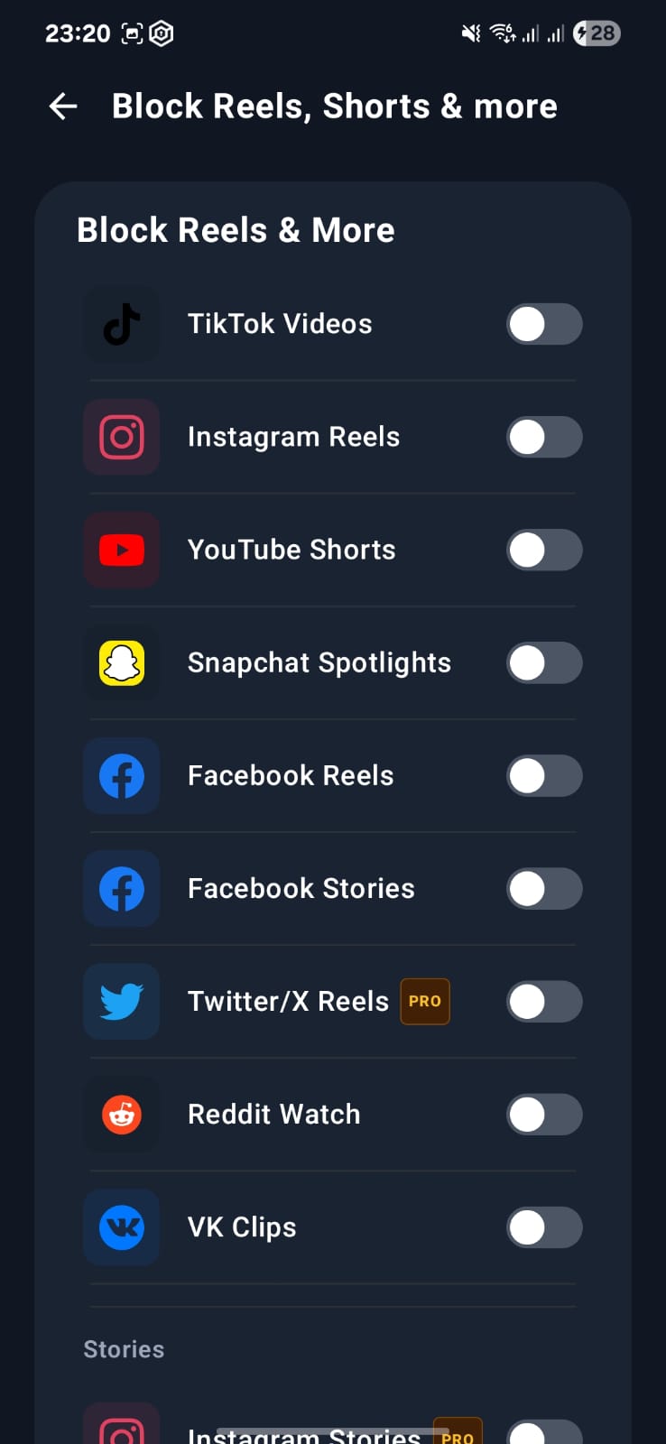 BeFocussed blocking Instagram Reels, YouTube Shorts, TikTok, Snapchat Spotlight, and Facebook Reels on Android