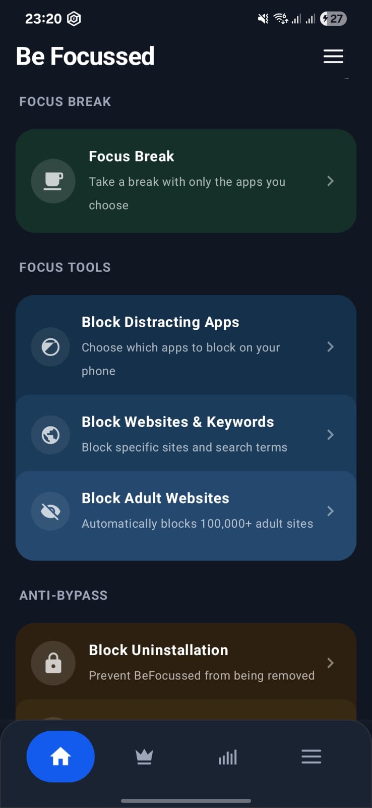 BeFocussed anti-bypass protection with anti-uninstall, restart blocking, split screen blocking, and YouTube channel control